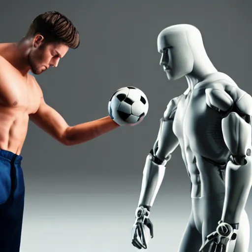 Prompt: a realistic detailed photo of a guy who is an attractive humanoid who is half robot and half humanoid, who is a male android, attractive and handsome football players, shiny skin, posing like a statue, blank stare, in a factory, on display, showing off his muscles, wearing football pants, side view, looking at each other mindlessly