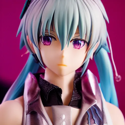 Image similar to High definition professional photograph of vocaloid figure, beautifully detailed and lights. Highly detailed and pretty face and eyes