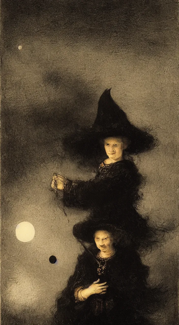 Prompt: portrait of a beautiful witch with a moon above her in the sky by rembrandt