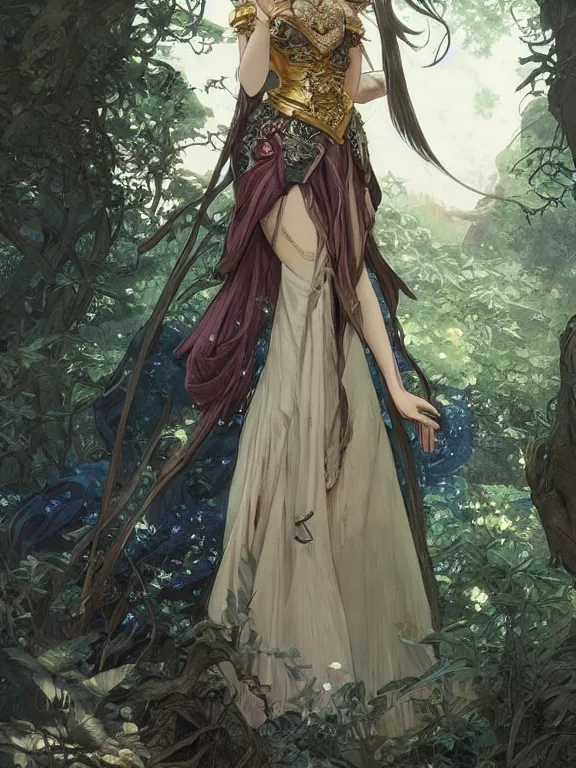 Prompt: anime key visual of jodie marie comer the enchantress wearing a medieval gown!! intricate, magical forest, stunning, highly detailed, digital painting, artstation, smooth, hard focus, illustration, art by artgerm and greg rutkowski and alphonse mucha