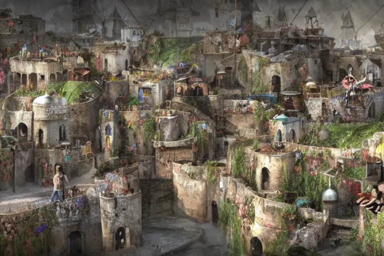Prompt: fantasy kingdom favela, castle slums, ultra detailed realistic environment concept art