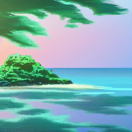 Prompt: a small island in the middle of the ocean, the water is smooth and reflective, there is a cherry tree on the island, pale sunset background, ghibli style