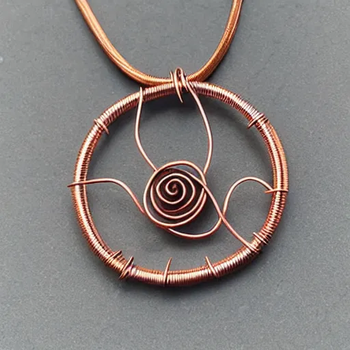 Prompt: a beautiful circular pendant that is half sand half dirt and bound together by copper wire