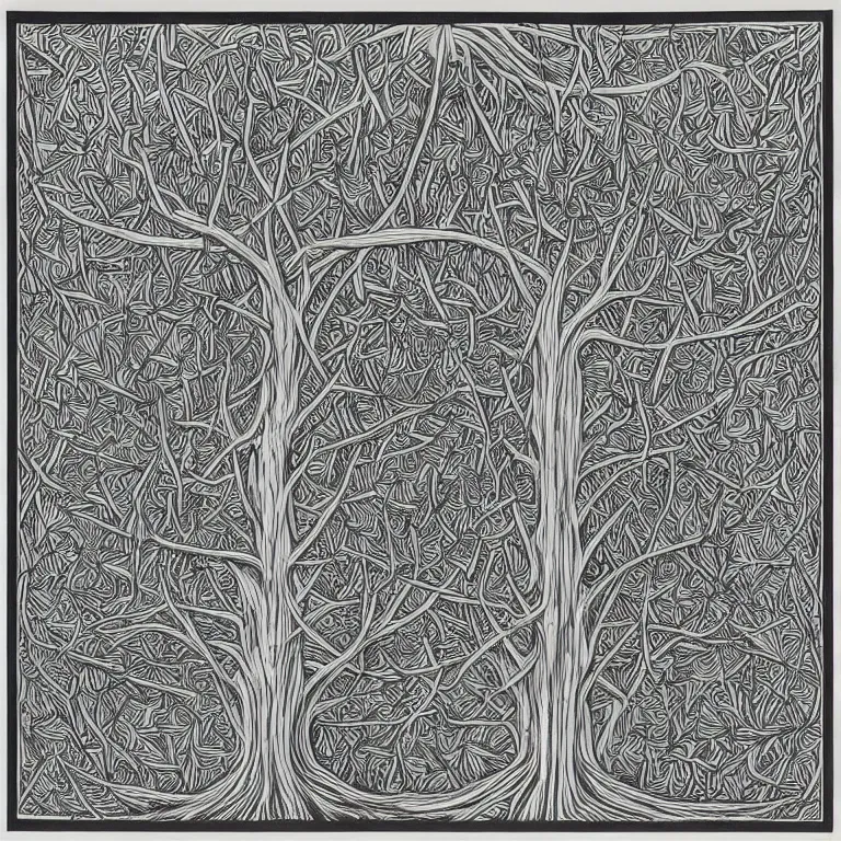 Prompt: “Möbius tree, geometric botanic art by M.C. Escher, symmetry, engraving, 1961”