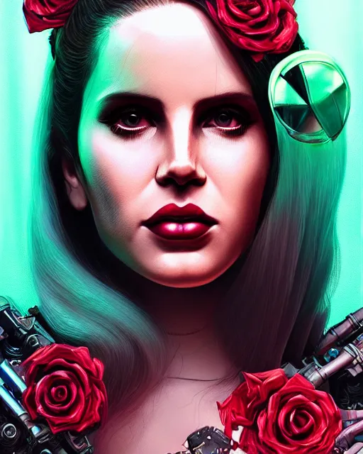 Image similar to portrait of lana del rey as a cyberpunk cyborg. sci - fi intricate abstract upper body intricate artwork, roses, rose petals by tooth wu, wlop, beeple, dan mumford. concept art, octane render, trending on artstation, greg rutkowski, asymmetrical, cinematic arthouse, key art, hyper realism, iridescent accents