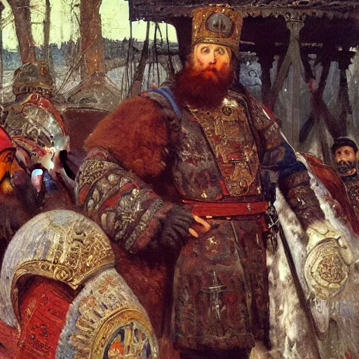 Prompt: portrait of Ivan the Terrible listening smartphone masterpiece painting by vasnetsov and surikov, JEAN-VICTOR BERTIN, by Terence Cuneo, detailed, artfully traced, 4k resolution, cinematic, dramatic