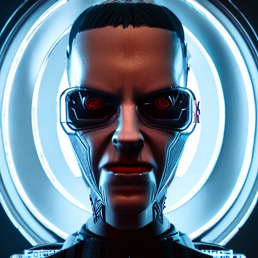 Image similar to evil cyberpunk dark villain, highly detailed, photorealistic portrait, bright studio setting, studio lighting, crisp quality and light reflections, unreal engine 5 quality render