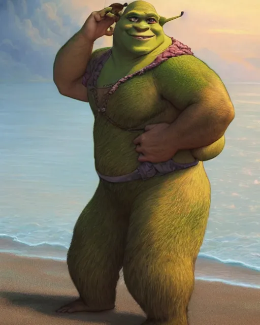 Image similar to beautiful , shrek standing in front of a beach, intricate, stunning, highly detailed, digital painting, artstation, concept art, smooth, sharp, focus, illustration, art by artgerm and greg rutkowski and alphonse mucha