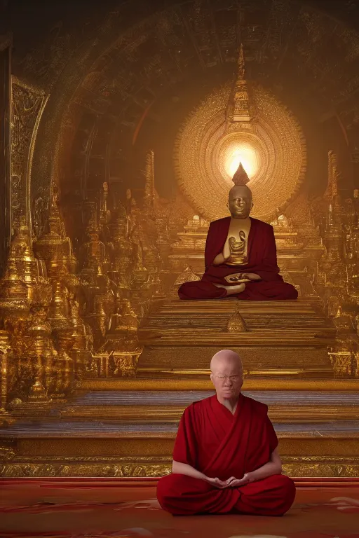 Prompt: Donald Trump meditating in a Buddhist Temple, cinematography by Wes Anderson, 4k octane render, intricate detail, photorealistic , cinematic lighting, Artstation