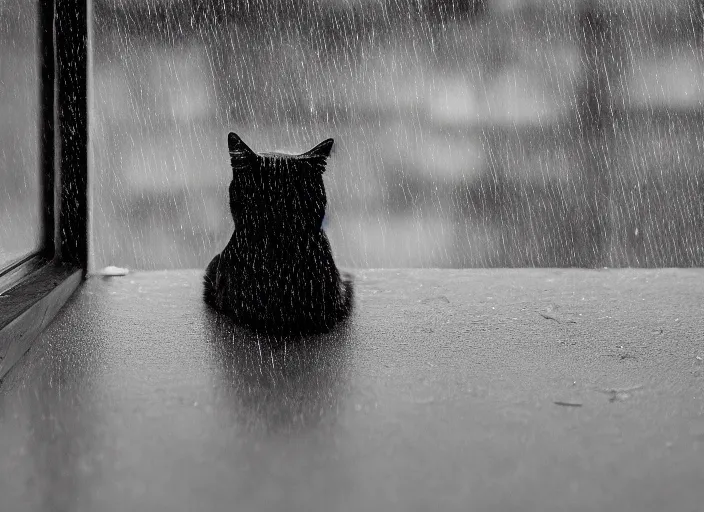 Image similar to photography of a Cat . watching outside the window while it rains. on a bed. in a room full of vinyls and posters, photorealistic, raining award winning photo, 100mm, sharp, high res