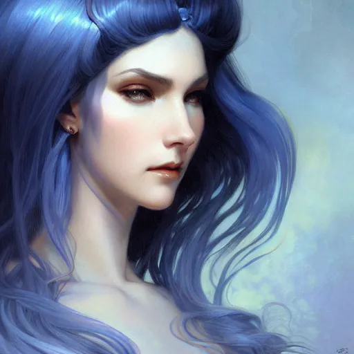 Image similar to goddess, blue hair, intricate, elegant, ethereal, highly detailed, retro, digital painting, artstation, concept art, smooth, sharp focus, full body shot, illustration, art by artgerm and greg rutkowski and alphonse mucha