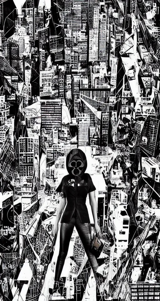 Image similar to cypherpunk fashion illustration, camera face, black and white and red, manga, city street background with high tall buildings, central park, abstract landscape, diane arbus, highly detailed, finely detailed, shadows realism