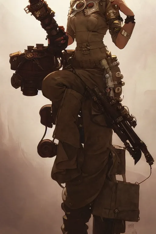 Image similar to dieselpunk soldier girl, helmet, shoulders, chest, portrait, armored, illustrations by wlop and alfons maria mucha and craig mullins and loish and rossdraws and artgerm
