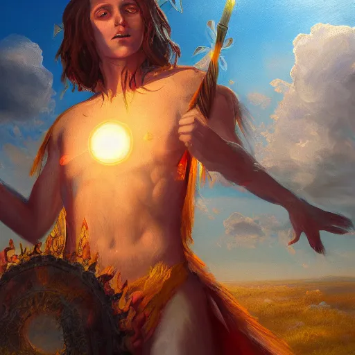 Image similar to paimon invades the body of the sun god midsommar, oil painting, ultradetailed, artstation, ultradetailed, digital painting, ultradetailed