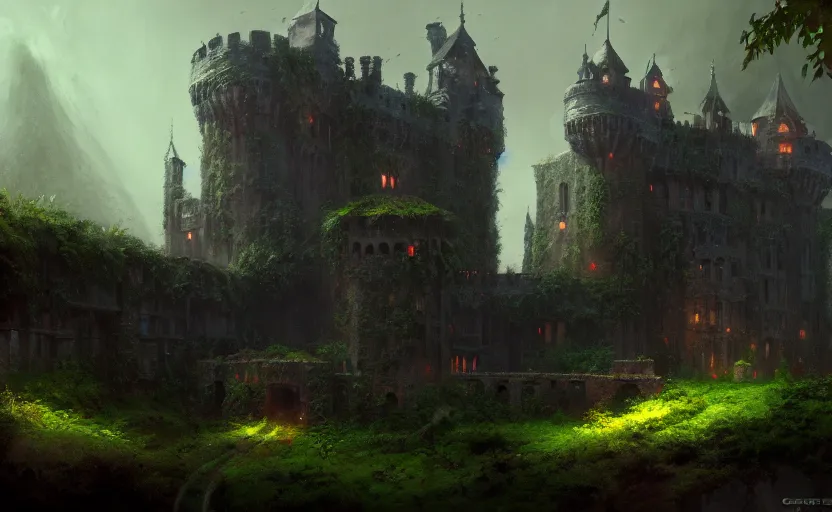 Image similar to an old castle covered by plants with moody and cinematic lighting by greg ruthkowski and craig mullins, cinematic and atmospheric, concept art, artstation, trending on artstation
