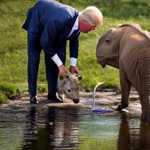 Image similar to national geographic professional photo of biden and trump drinking from a watering hole with animals, award winning