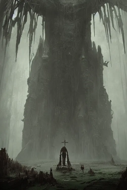 Image similar to a humanoid giant with four arms and bird feet | ruined cathedral | misty swamp | fantasy concept art by greg rutkowski