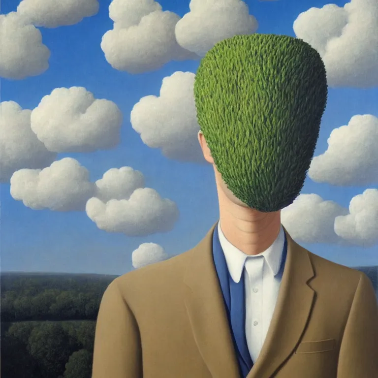 Image similar to portrait of a faceless beautiful flower - head man in a suit, clouds in the background, by rene magritte, detailed painting, distance, middle centered, hd, hq, high resolution, high detail, 4 k, 8 k