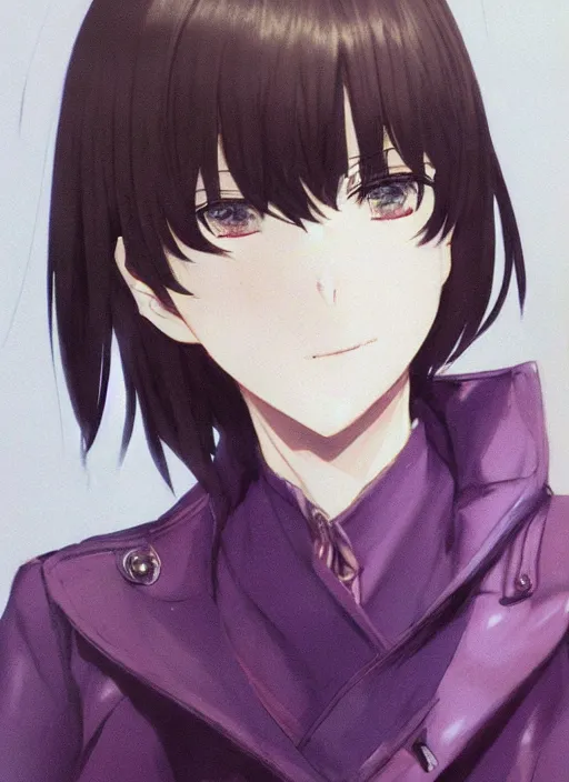 Image similar to luxury advertisement, medium close-up of a manga girl with a purple trenchcoat by krenz cushart, Sasoura, Satchely and Akihiko Yoshida, black medium length Dutch bob cut hair with straight bangs, poster