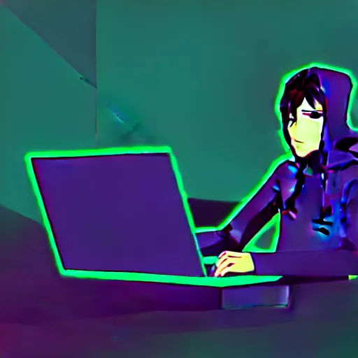 Prompt: a cyberpunk teenager boy with a black hoodie sitting behind his laptop and programming, digital art, anime style, trending on Artstation