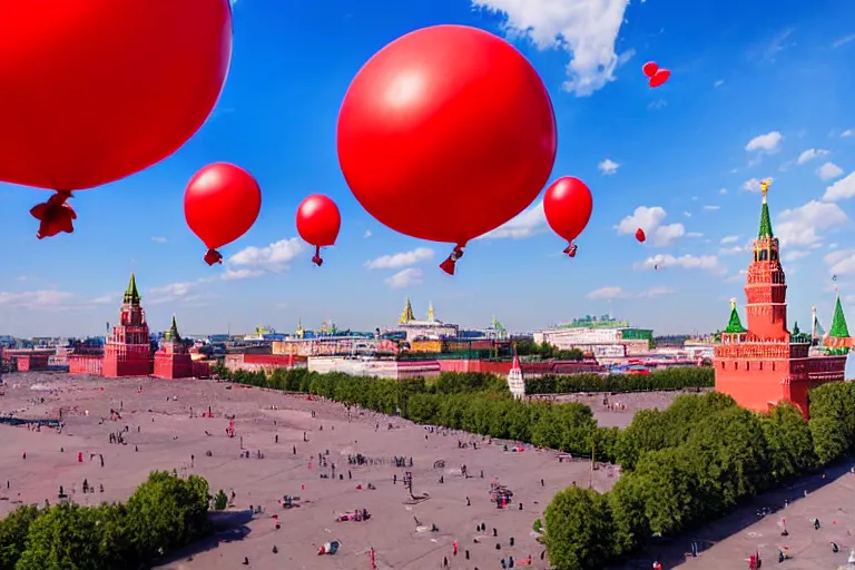 Image similar to 99 red balloons fly over the towers of the Moscow Kremlin and red square, sunny day, deep blue sky, some clouds, award winning photo, ultra realistic, 18mm Lens