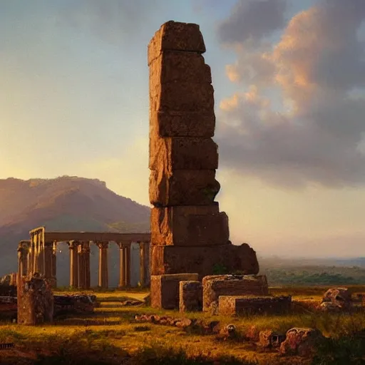 Image similar to a beautifully detailed oil painting of a monolith covered in ancient greek ruins, on the top of a hill, dusk, art by tom lovell, trending on artstation