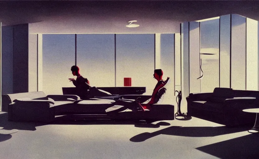 Image similar to a futuristic minimalist lounge room with a big window opening up to a wide open meadow with billowing clouds in the sky. highly detailed science fiction painting by norman rockwell, frank frazetta, and syd mead. rich colors, high contrast, gloomy atmosphere. trending on artstation.