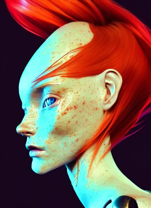 Prompt: a beautiful redhead scandinavian female humanoid with freckles, cyber neon lighting, by loish, d & d, fantasy, futurism, cyberpunk fashion clothing, elegant profile posing, accurate anatomy, hyper photorealistic, digital photography, artstation, pinterest, concept art, art by pascal blanche and greg rutkowski,