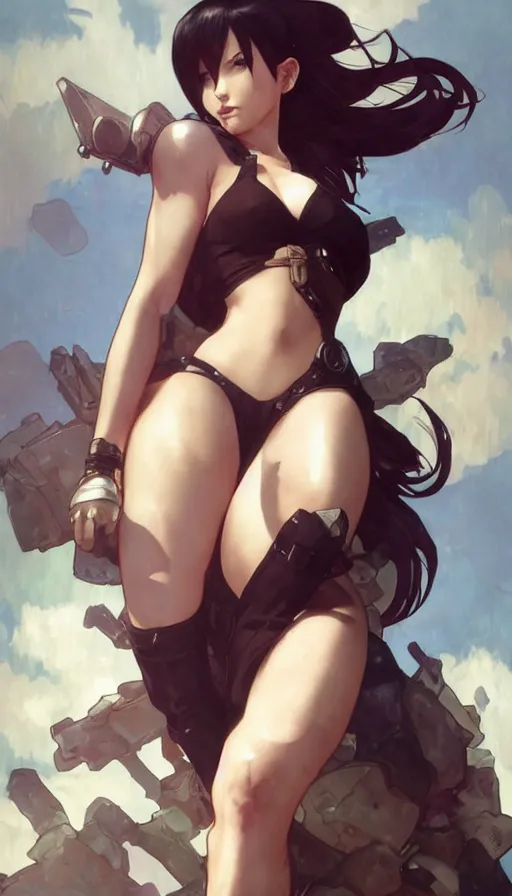 Prompt: tifa lockhart in a cute pinup pose by artgerm, greg rutkowski and alphonse mucha, concept art, matte, intricate, full body, epic composition