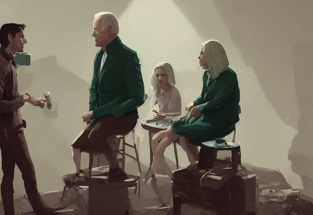 Image similar to portrait of joe biden talking with anya taylor - joy, epic debates, presidental elections candidates, cnn, fox news, fantasy, by atey ghailan, by greg rutkowski, by greg tocchini, by james gilleard, by joe gb fenton, dynamic lighting, gradient light green, brown, blonde cream, salad and white colors in scheme, grunge aesthetic