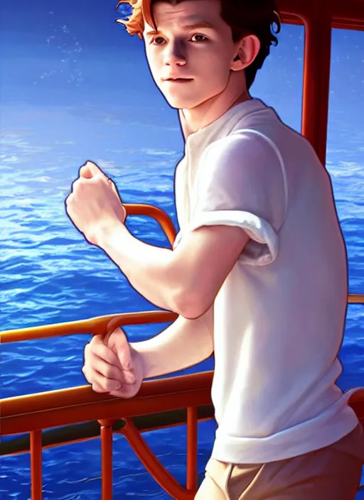 Image similar to cute tom holland wearing white sailor outfit on a steam boat, natural lighting, path traced, highly detailed, high quality, digital painting, by don bluth and ross tran and studio ghibli and alphonse mucha, artgerm