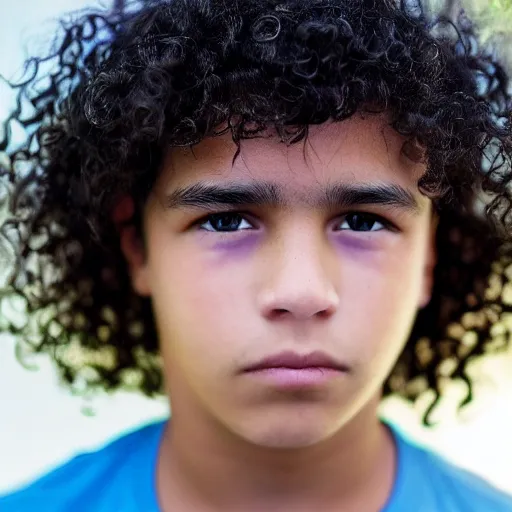 Image similar to “portrait of Teenage Mexican boy with curly hair and blue eyes”