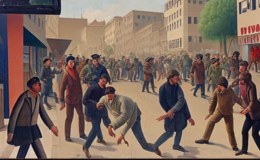 Prompt: ernst ludwig painting of a frightened young man in a street surrounded by people who have no eyes. people are starting at crt televisions on the corner s 1 5 0