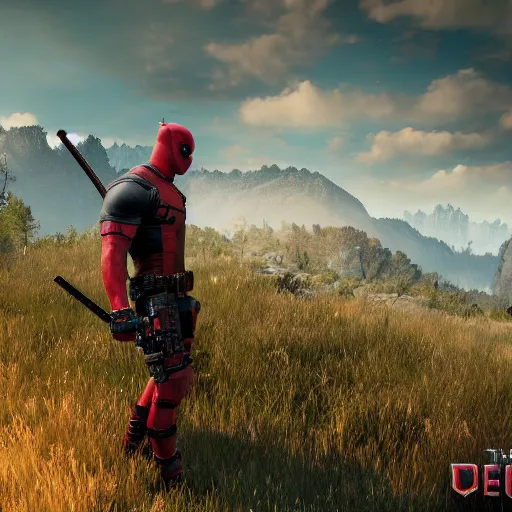 Image similar to deadpool in the witcher 4 k detailed super realistic