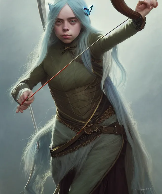 Image similar to Billie Eilish as a fantasy elf with a bow and arrow, portrait, fantasy, intricate, elegant, highly detailed, digital painting, artstation, concept art, smooth, sharp focus, illustration, art by artgerm and greg rutkowski and alphonse mucha