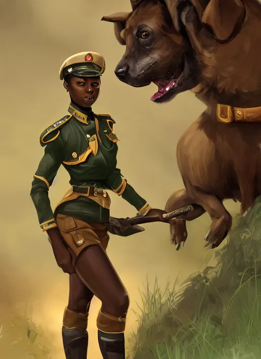 Image similar to a highly detailed illustration of cute african girl wearing military uniform and green officer cap riding on giant dog!!!, dramatic standing pose, perfect face, intricate, elegant, highly detailed, centered, digital painting, artstation, concept art, smooth, sharp focus, league of legends concept art, wlop