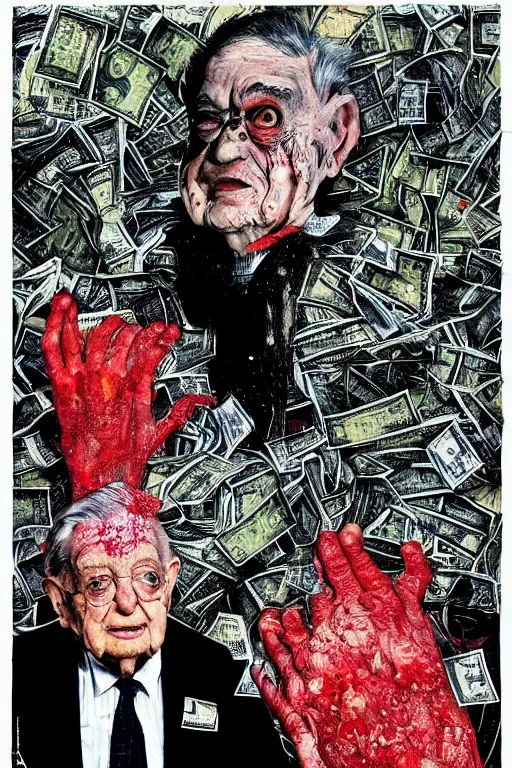 Image similar to George Soros full body shot, dollar bills Body horror, biopunk, by Ralph Steadman, Francis Bacon, Hunter S Thompson