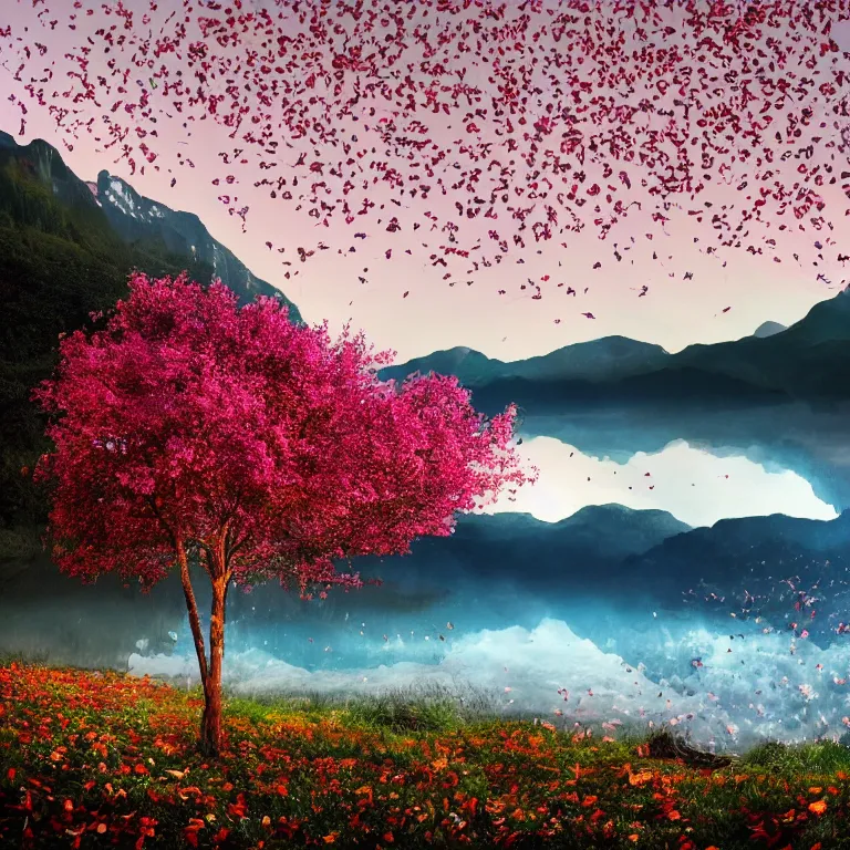 Image similar to a beautiful awesome artistic tree with falling flowers like leaves and many birds, all in the amazing outdoors view, mountain in the background, lake, long exposure, 8 k resolution, trending on artstation