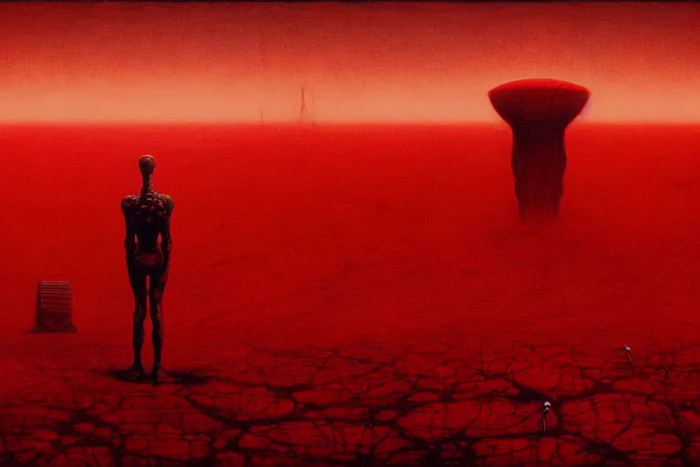 Image similar to only with red, red god of death eat apple, a futuristic city on mars in the background, red worms on the floor, in the style of beksinski, part by hopper, part by rodcenko, part by hofbauer, intricate composition, red by caravaggio, insanely quality, highly detailed, masterpiece, red light, artstation, 8 k