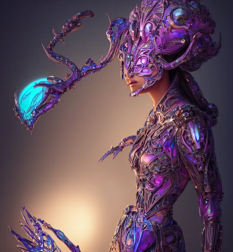 Image similar to iridescent portrait of a beautiful princess in robe. biomechanical mask. bio luminescent biomechanical halo around head. artwork by jarold Sng by artgerm, by Eddie Mendoza, by Peter mohrbacher by tooth wu, unreal engine, octane render, cinematic light, high details, iridescent colors, dichroic, macro, 4l