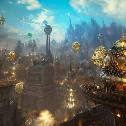 Image similar to enormous flying city in a faberge egg, sky, steampunk, fantasy art, unreal engine,