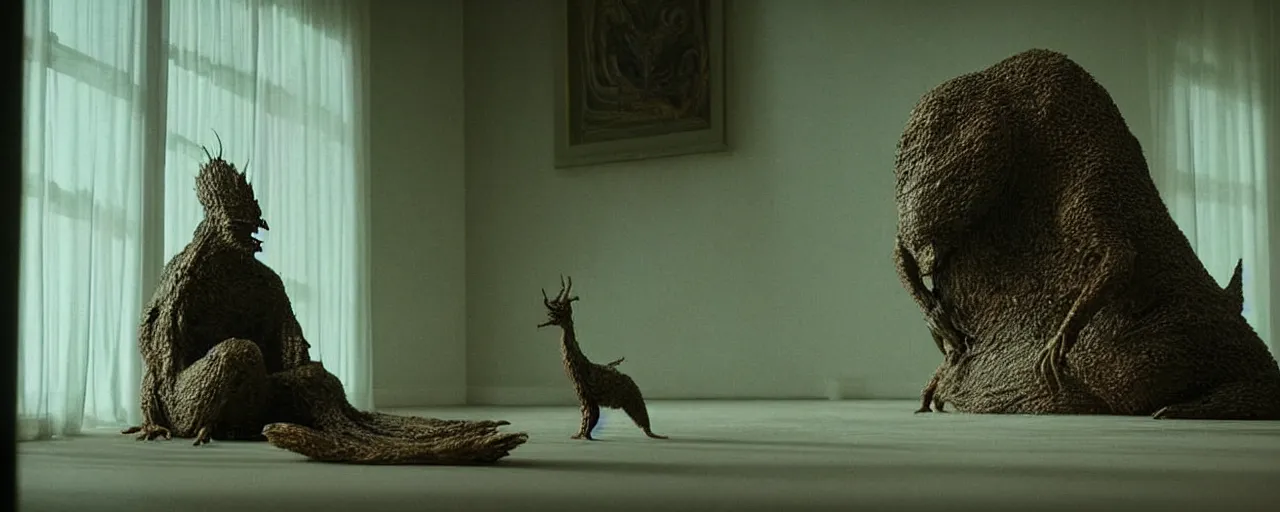 Image similar to a strange creature sits in the living room, film still from the movie directed by Denis Villeneuve with art direction by Zdzisław Beksiński, close up, telephoto lens, shallow depth of field