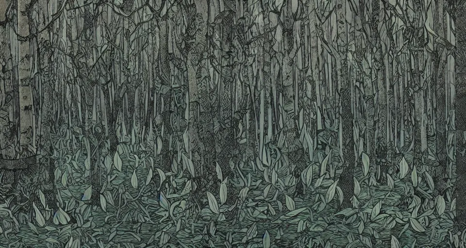 Image similar to A dense and dark enchanted forest with a swamp, by James Jean