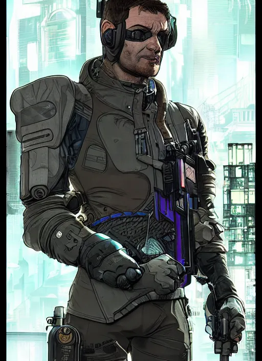 Image similar to cyberpunk factor worker. portrait by ashley wood and alphonse mucha and laurie greasley and josan gonzalez and james gurney. splinter cell, apex legends, rb 6 s, hl 2, d & d, cyberpunk 2 0 7 7. realistic face. character clothing. vivid color. dystopian setting.