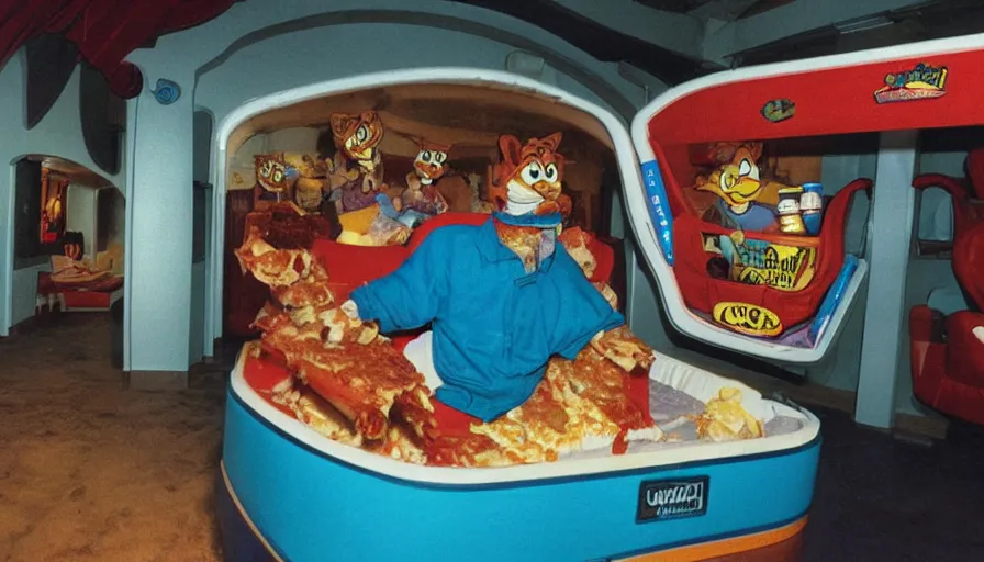 Image similar to 1990s photo of inside the Garfield Mystery Lasagna ride at Universal Studios in Orlando, Florida, riding a box with a blanket with Garfield the cat through a living room filled lasagna and coffee cups, cinematic, UHD