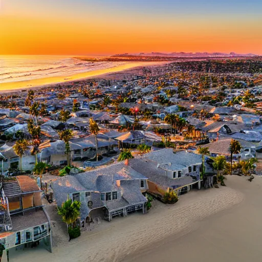 Prompt: overhead view california beach town golden hour shimmering sands luxury homes