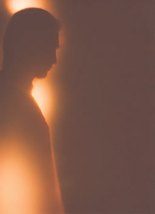 Image similar to human silhouette, large diffused glowing aura, long exposure, film grain, cinematic lighting, blurry