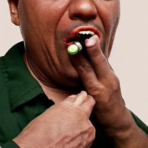Prompt: photo of a man pointing a gun to his mouth while crying, before suicide, in the style of martin schoeller