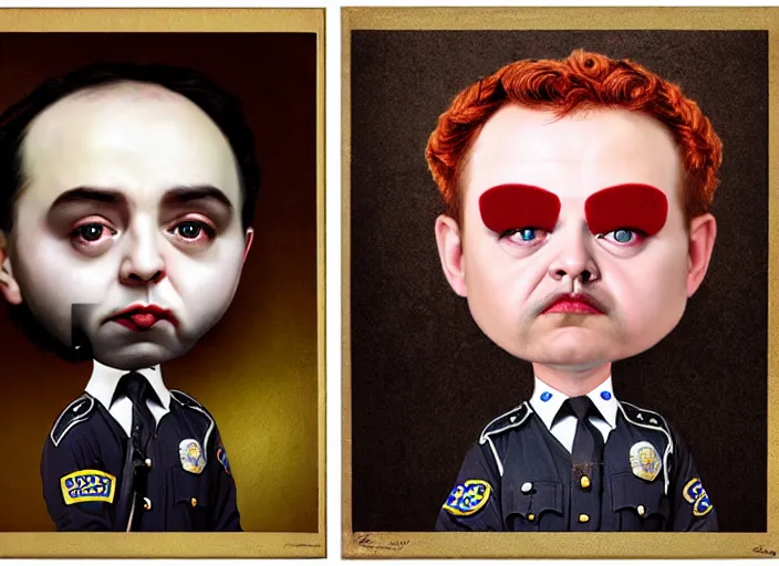 Prompt: a police officer with donut face, lowbrow, matte painting, 3 - d highly detailed, in the style of mark ryden,