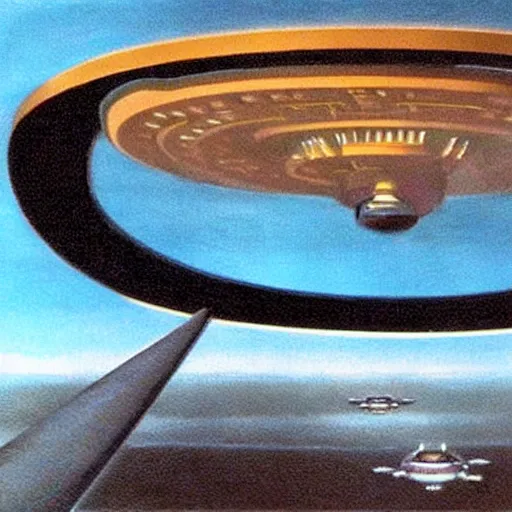 Prompt: the bridge of the starship enterprise from star trek the original series with the crew at their stations. realistic concept art painting,